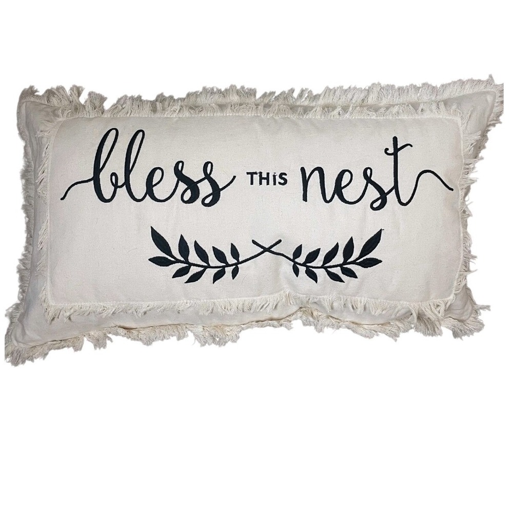Devi Designs Bless This Nest Pillow 100% Cotton Fringed Lumbar Throw Accent